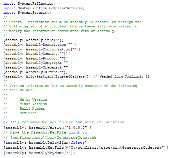 The Jscript .NET syntax of the AssemblyInfo.js file